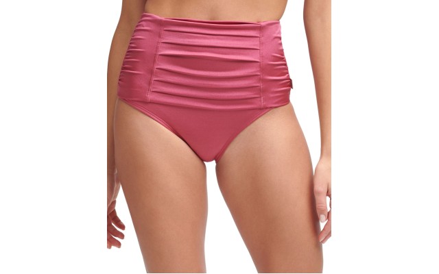  Pleated High-Waist Bikini Bottoms, Large, Dark Pink
