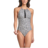 Calvin Klein Printed Mesh-Inset Tummy Control One-Piece Swimsuit, 12, Gray