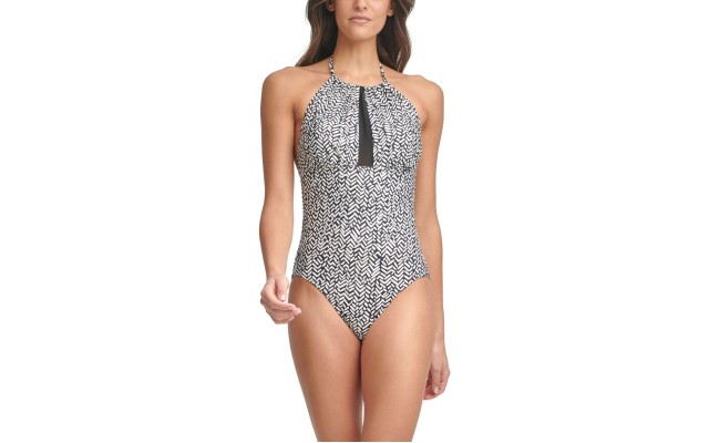  Printed Mesh-Inset Tummy Control One-Piece Swimsuit, 12, Gray