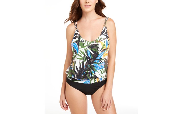  Printed Underwire Blouson Tankini Top, Green, Large