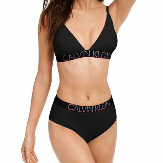  Rainbow Logo High Waist Bikini Bottoms Women’s Swimsuit, Black, X-Small