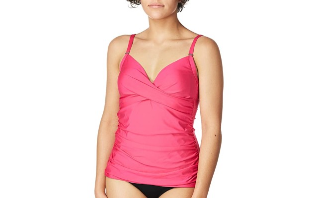  Ruched Tummy-Control Tankini Top, Pink, S