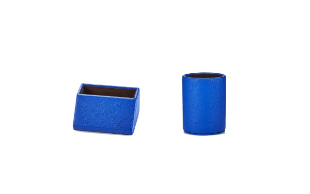  Pebbled Leather Pen & Desk Card Holders, Blue, 2pc