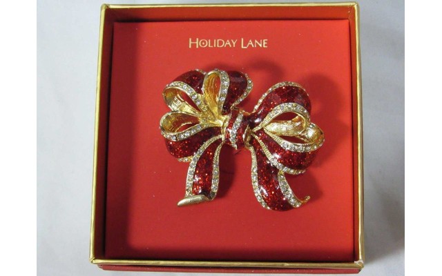  Gold-Tone Red and White Crystal Bow Pin