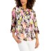 Petite Floral-Print Flutter-Sleeve Pintuck Top, Deep Black Combo, P/M