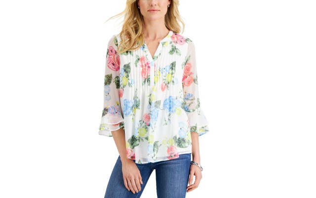  Petite Floral-Print Flutter-Sleeve Pintuck Top, Cloud Combo, P/M