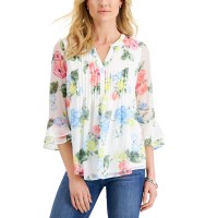 Charter Club Petite Floral-Print Flutter-Sleeve Pintuck Top, Cloud Combo, P/XXS