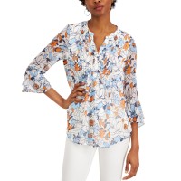 Charter Club Petite Floral-Print Flutter-Sleeve Pintuck Top, Cloud Floral Combo, P/XS