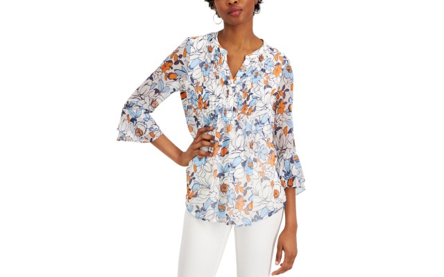 Petite Floral-Print Flutter-Sleeve Pintuck Top, Cloud Floral Combo, P/XS