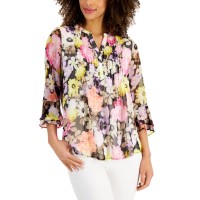 Charter Club Petite Floral-Print Flutter-Sleeve Pintuck Top, Deep Black Combo, P/M
