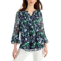 Charter Club Petite Floral-Print Flutter-Sleeve Pintuck Top, Intrepid Floral Combo, P/S