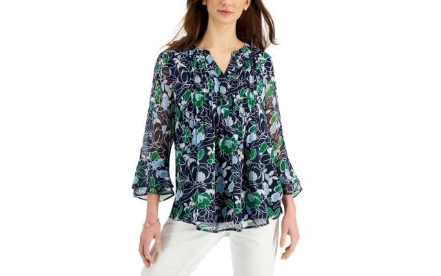 Petite Floral-Print Flutter-Sleeve Pintuck Top, Intrepid Floral Combo, P/S