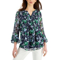 Charter Club Petite Floral-Print Flutter-Sleeve Pintuck Top