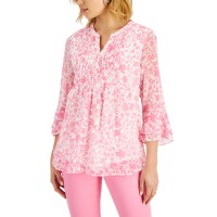 Charter Club Petite Floral-Print Flutter-Sleeve Pintuck Top, Peony Combo, P/L