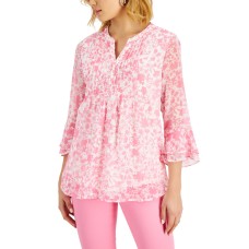 Charter Club Petite Floral-Print Flutter-Sleeve Pintuck Top