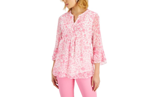  Petite Floral-Print Flutter-Sleeve Pintuck Top, Peony Combo, P/S