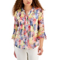 Charter Club Petite Floral-Print Flutter-Sleeve Pintuck Top, Red Barn Combo, P/XXS