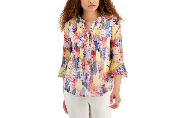  Petite Floral-Print Flutter-Sleeve Pintuck Top, Red Barn Combo, P/XXS
