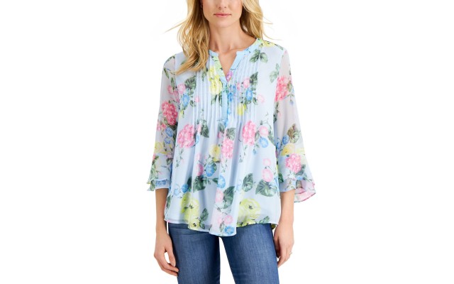  Petite Floral-Print Flutter-Sleeve Pintuck Top, Waterline Combo, P/M