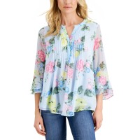 Charter Club Petite Floral-Print Flutter-Sleeve Pintuck Top, Waterline Combo, P/S
