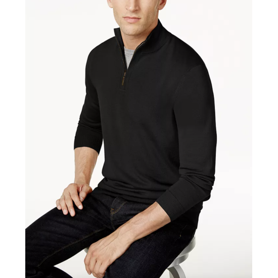  Men’s Quarter-Zip Merino Wool Blend Sweater, Black, X-Large