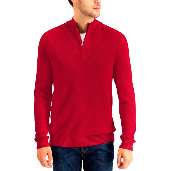  Men’s Quarter-Zip Textured Cotton Sweater, Anthem Red, Small