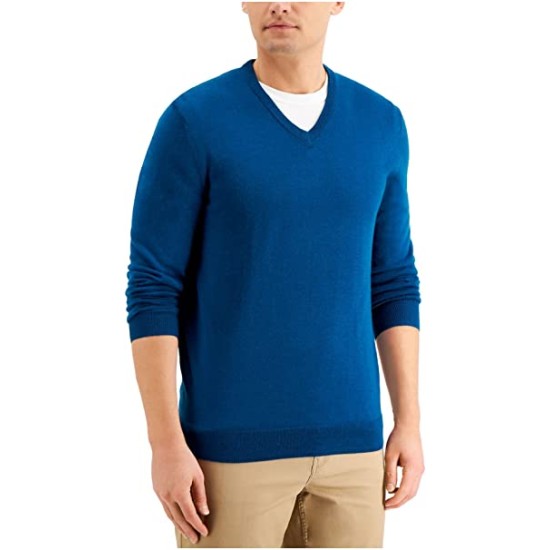  Mens Sweater Large Solid V-Neck Pullover Wool Blue L