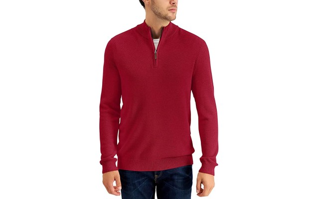  Mens Sweater Medium 1/4 Zip Textured Knit Pullover, Red Medium