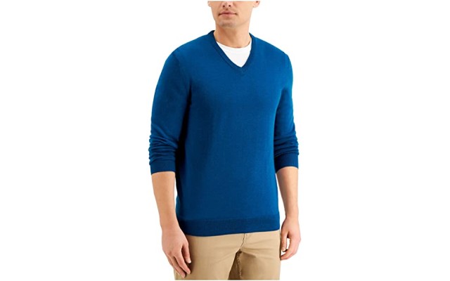 Mens Sweater Teal V-Neck Solid Pullover Wool, (Blue XL)