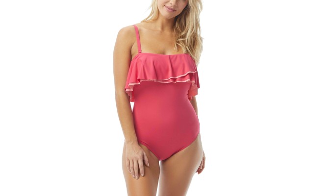 Contours Ruffled Strapless Tummy-Control One-Piece Swimsuit, Hibiscus,14/38C