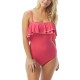  Contours Ruffled Strapless Tummy-Control One-Piece Swimsuit, Hibiscus,14/38C