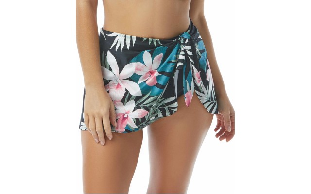  Halo Sarong Printed Tummy-Control Swim Skirt, X-Large, Black