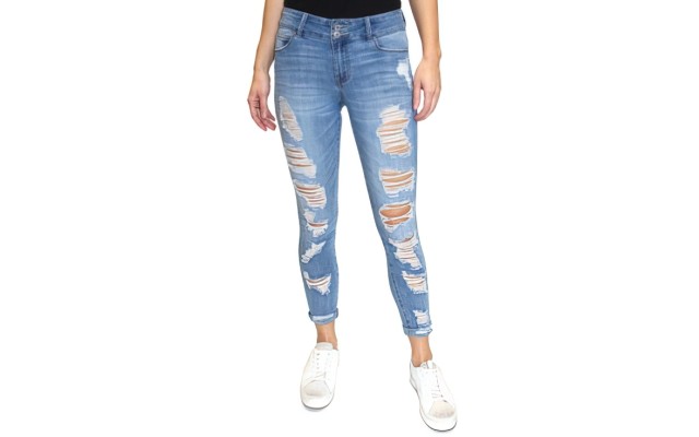  Juniors’ Ripped Roll-Cuff Skinny Jeans, Blue, 13″