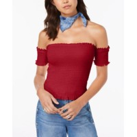 Crave Fame Juniors’ Smocked Off-The-Shoulder Crop Top, Medium, Red