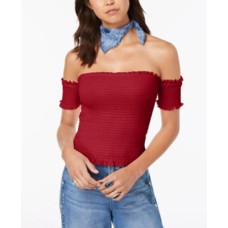 Crave Fame Juniors’ Smocked Off-The-Shoulder Crop Top, Red, X-Large
