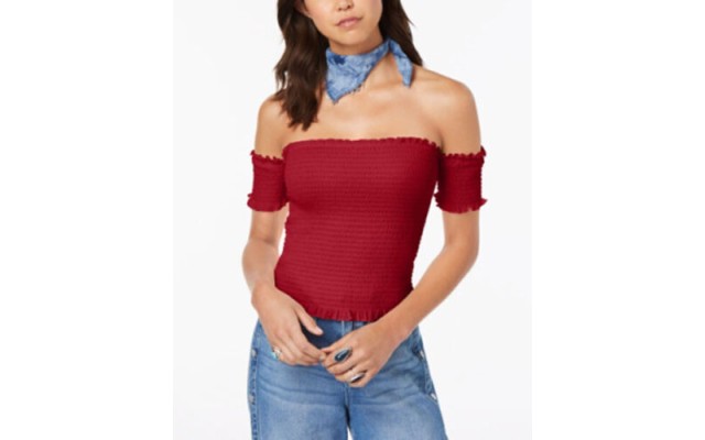  Juniors’ Smocked Off-The-Shoulder Crop Top, Red, X-Large