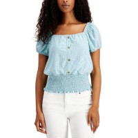 Crave Fame Juniors’ Smocked-Waist Eyelet Top, Blue, Large