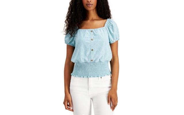  Juniors’ Smocked-Waist Eyelet Top, Blue, Large