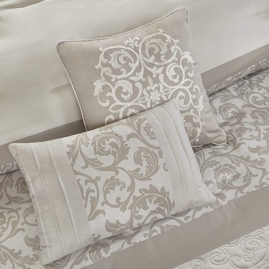 Design Ramsey Queen Embroidered 8 Piece Comforter Set Bedding, Beige