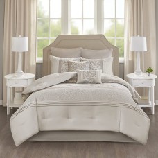 Design Ramsey Queen Embroidered 8 Piece Comforter Set Bedding, Beige