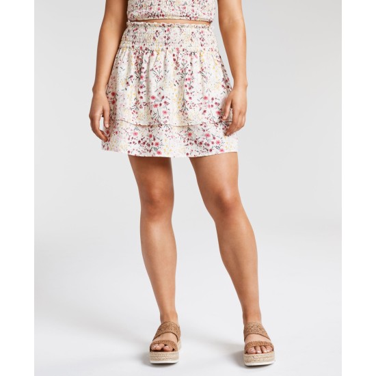  Floral-Print Smocked Skirt, Beige, Medium