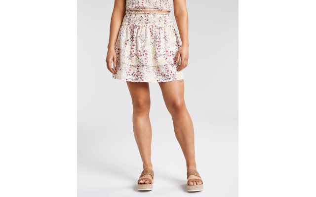  Floral-Print Smocked Skirt, Beige, Medium
