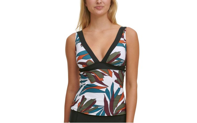  Leaf-Printed Tankini Top Women’s Swimsuit, Multicolor, Small