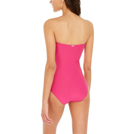  Liquid Pleated Bandeau Tummy Control One-Piece Swimsuit, 16, Pink