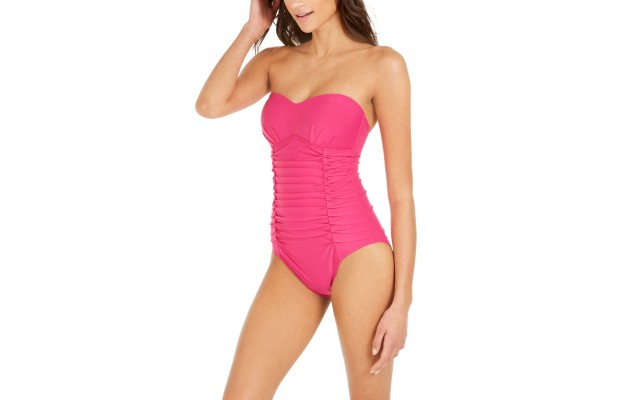  Liquid Pleated Bandeau Tummy Control One-Piece Swimsuit, 16, Pink