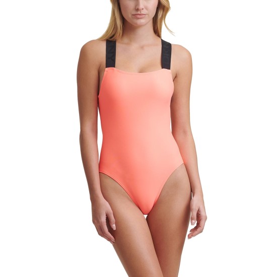  Logo Strap One Piece Swimsuit Women’s Swimsuit, Orange, X-Large
