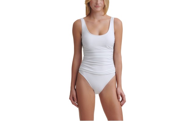  Mesh Side Shirred Women’s One Piece Swimsuit,Soft White, 8
