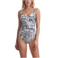 DKNY Printed Mesh Side One Piece Swimsuit, Soft White, 6