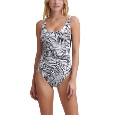 DKNY Printed Mesh Side One Piece Swimsuit, Soft White, 6
