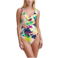 DKNY Printed Ruffled One Piece Swimsuit, Navy/Multi, 16